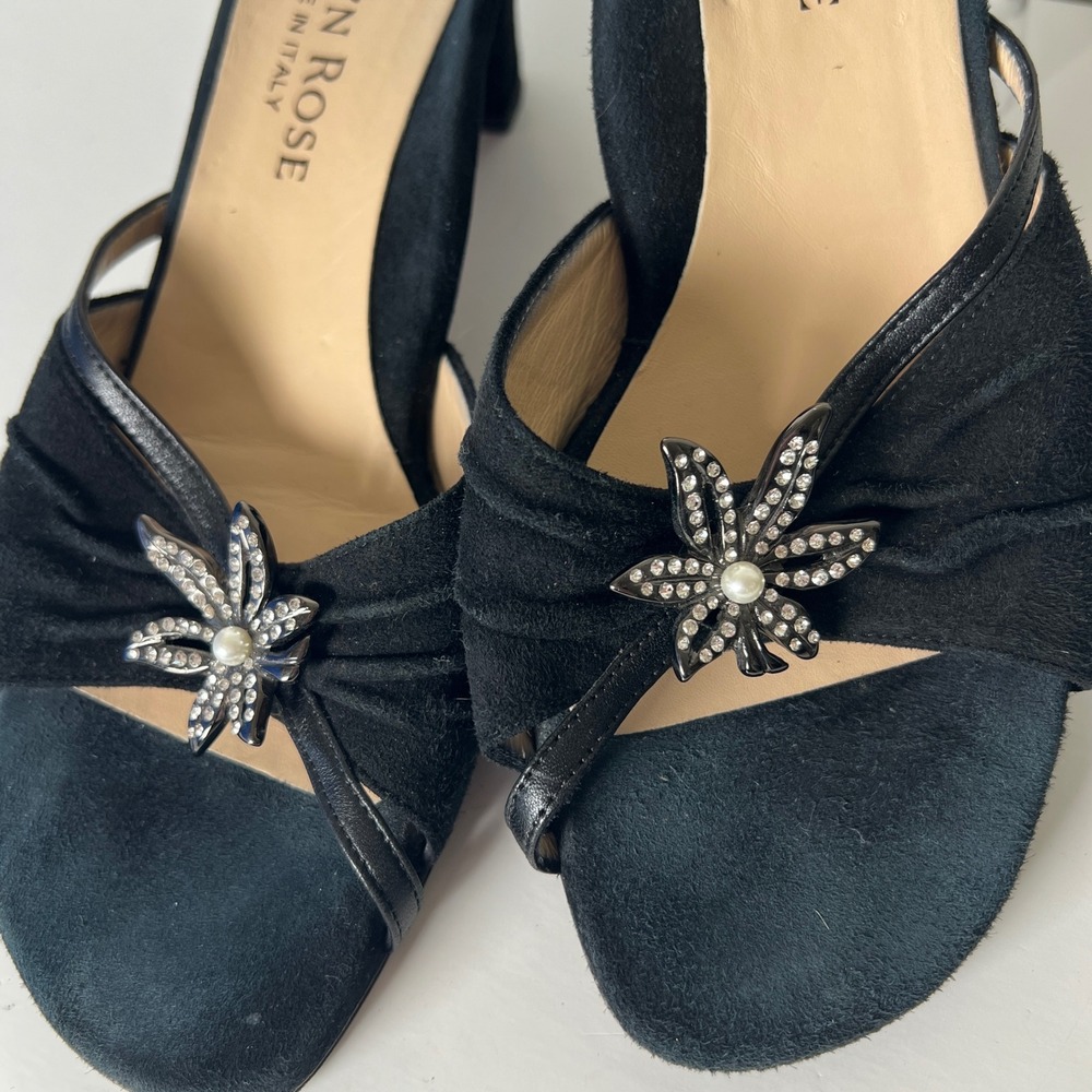 Taryn Rose Black Suede Crystal Flower Mule Sandals Made in Italy Size 39 - Picture 2 of 9